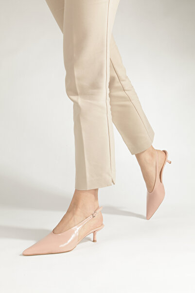 PİMORA Powder Wrinkled Patent Leather Pointed Toe Open Back 4 cm Thin Heel Ne...