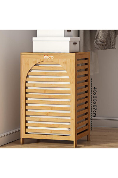 Go İthalat Bambu Kumaş Çantalı Kalın Ahşap Kirli Çamaşır Sepeti 43X33X67CM