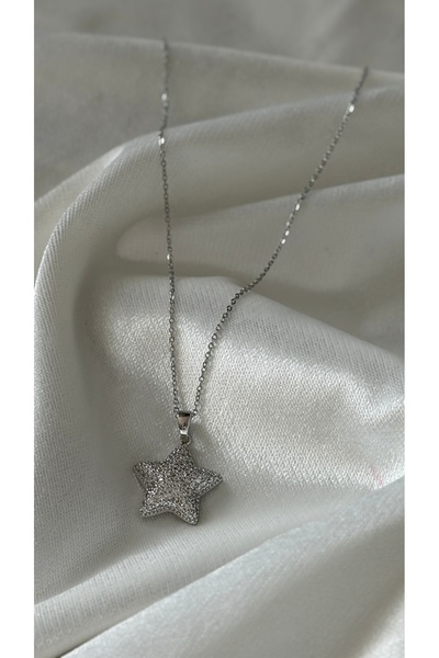 Taşlı Büyük Yıldız Figürlü Silver Çelik Kolye