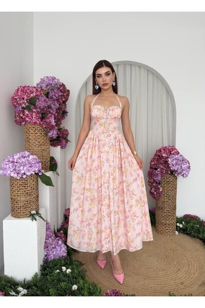 Caddebostan Moda Floral Patterned Strappy Corset Detailed Midi Dress