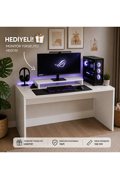 Nenu Nova Beyaz Oyuncu Masası 120 Cm Gaming Masa Çalışma Masası Bilgisayar Ma...