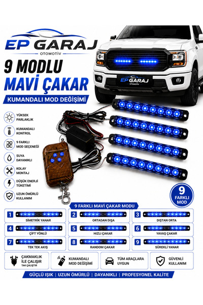 EP GARAJ OTOMOTİV ÜNİVERSAL BÜTÜN ARAÇLARA UYUMLU 9 MODLU MAVİ ÇAKAR LAMBA SETİ