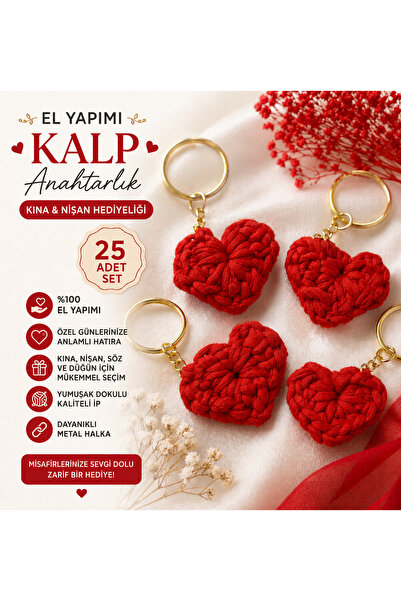 mymomsstitch 25 Adet Örme Kırmızı Kalp Anahtarlık, Söz, Nişan, Düğün, Doğum g...