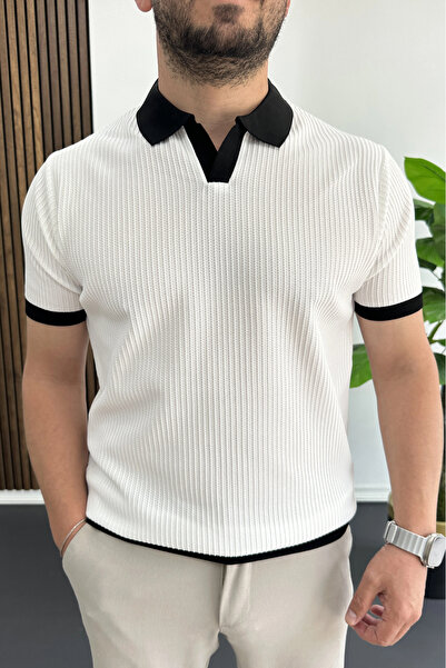 Edwox Men's Collar Colorful T-Shirt White Edw496
