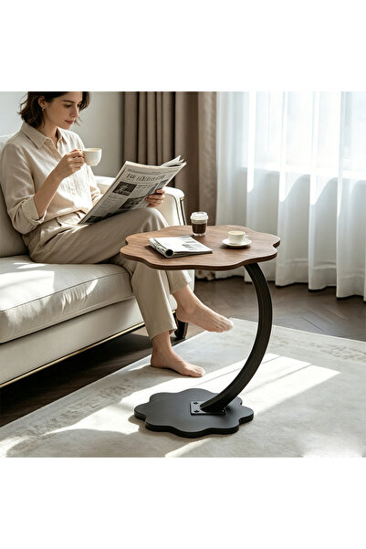 Fikpoo C-Shaped Side Table Modern Petal Design Coffee Table with Brown Wooden...