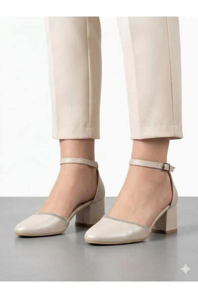 Lütfi Women's Gold Satin Thick Heeled Single Strap Stone Detailed Heeled Shoes