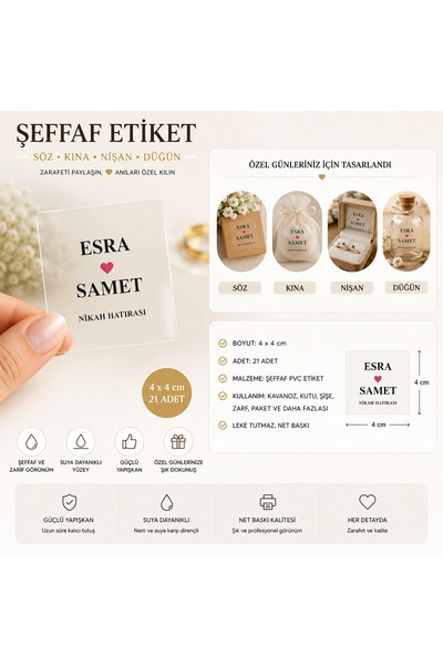 ESK Kişiye Özel Şeffaf Etiket | 4x4 Cm 21 Adet | Söz, Kına, Nişan, Düğün, Sün...