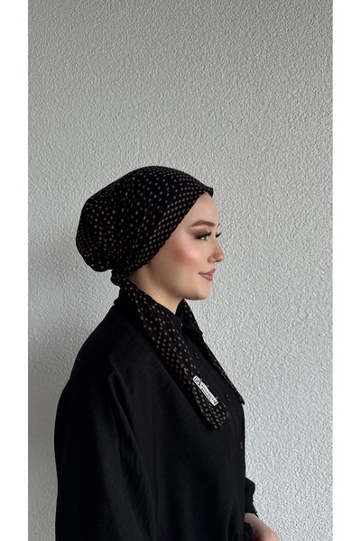 Anatolye Siyah Karamel Puantiyeli Tülbent Eşarp Bone - Kaymaz Terletmez (Kaym...