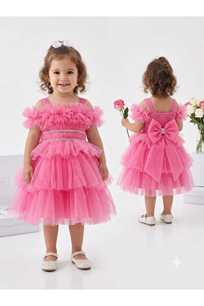 modallita 1-5 Yaş Pembe Bel İnci Kemerli Midi Boy Arkası Lastikli Tütü Bebe A...