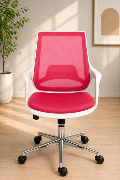 TRENDCORE Ergonomik Fileli Ofis Koltuğu Pembe – Krom Ayaklı, Tekerlekli, Mode...