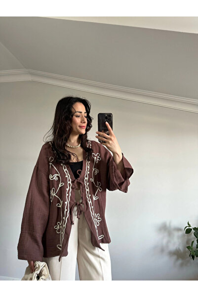 Modapina Çiçek Desen Müslin Kimono Kahve