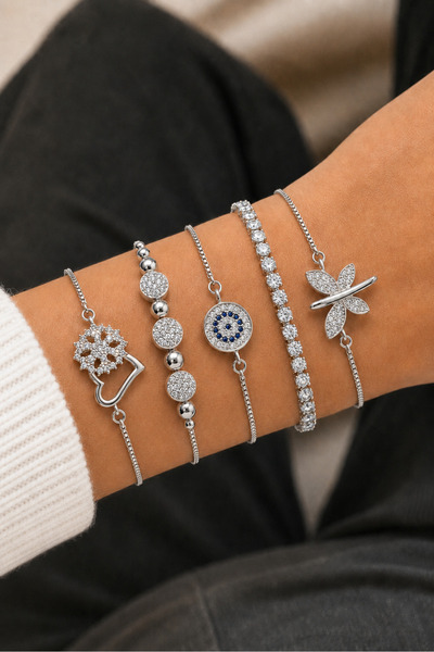 Merand Women's Silver Color 5-Piece Steel Bracelet Set with Zircon Stone, Evi...