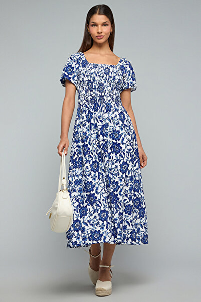 R&B Printed Flared Dress with Square Neck and Puff Sleeves