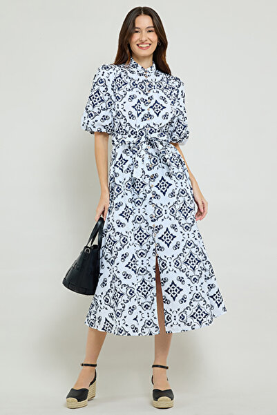 R&B Patterned Midi Dress with High Neck and Puff Sleeves