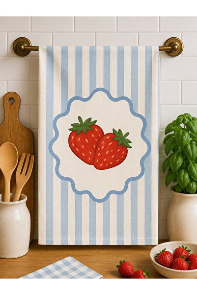 Piloji Dijital Baskılı Modern Çizgili Çilek Desenli Mutfak Havlusu 35x50 cm -...
