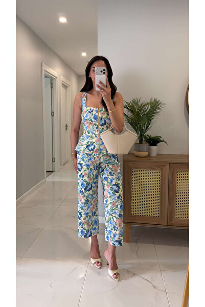BİRCANÇİL Set pantaloni și bluză cu imprimeu floral albastru Vullida