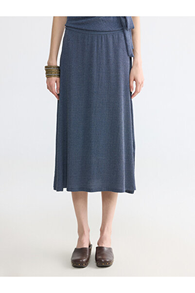 LC Waikiki Indigo Textured Flared Skirt with Elastic Waist