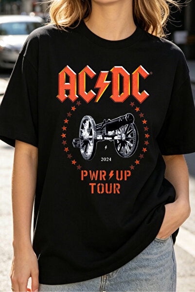 Fleck تي شيرت نسائي AC DC PWR UP TOUR 2024 بشعار فرقة موسيقى الروك بتصميم مسد...