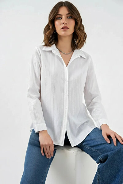 buğrahayalin Women's Silver Foil Patterned White Shirt