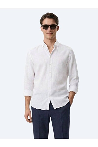 Kip White Plain Regular Fit Long Woven Casual Cotton Blend Shirt