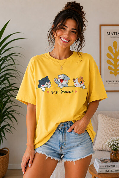 ArtYus Tricou oversize unisex cu imprimeu Best Friends Cat – Tricou casual di...