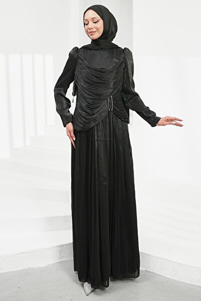 İmajButik Black Front Gathered Pleated Evening Dress