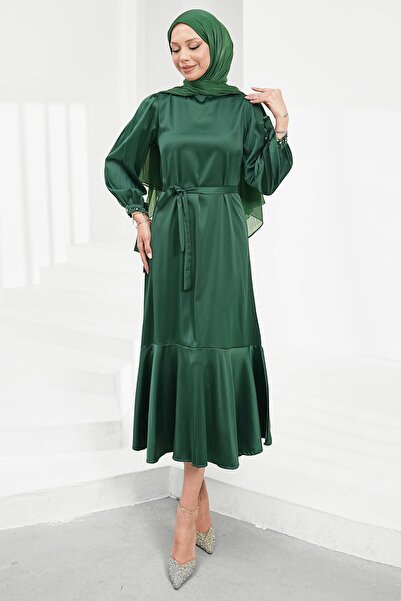 İmajButik Emerald Green Stone Detailed Skirt with Flounces Satin Evening Dress