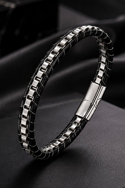 İyyaKee Men's Spiral Fit Steel and Leather Bracelet Modern Stylish Design Bra...