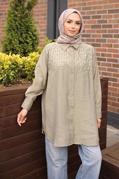 İmajButik Khaki Sequin Embroidered Shirt