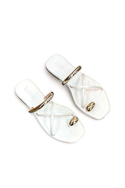 Elexus Women's Slippers with White Straps, Flat Heel and Buckle