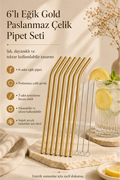 Anadolu Saray 6’lı Eğik Gold Paslanmaz Çelik Pipet Seti 3 Fırçalı Metal İçece...