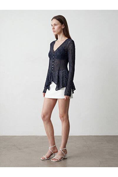Dilvin 60433 Buttoned Peplum Lace Cardigan-Indigo