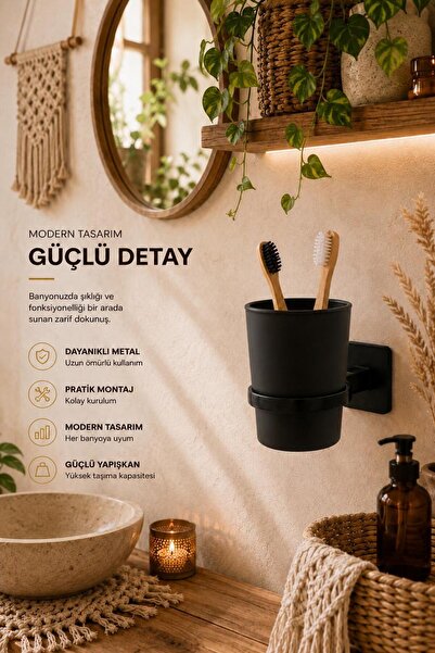 KARTEYA Siyah Dayanıklı Yapışkanlı Plastik Diş Fırçalık Tutacağı