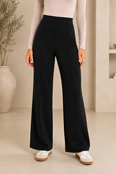 Fioria Women's Black Front Ribbed Wide Fit Wide Leg Modal Fabric High Waist R...