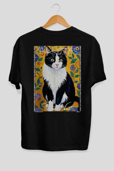 Ankhises For the Love of Cats 53 Cats Printed Black Oversize T-Shirt 100% Cot...