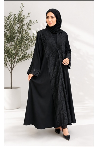 NOUR Nadia Abaya with Blackberry Fabric and Lace on the Front and Short Sleeves.