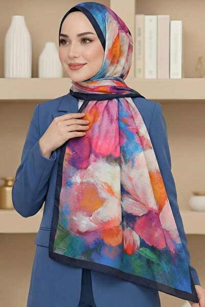 hadiora Kadın Pembe Mavi Suluboya Çiçek Desenli Soft Şal