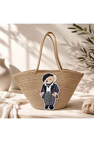 UĞURLU HOME Teddy Bear Embroidered Straw Shoulder Bag – Large Interior Volume...