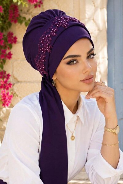 Aişe tesettür Plum Lace Evening Dress with Scarf and Bonnet