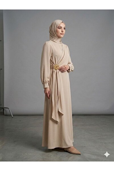 ZEROGAPRİSE Women's Rose Brooch Detailed Evening Dress with Hijab