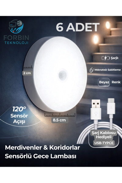 Forbin 6 Adet Hareket Sensörlü Gece Lambası Şarjlı LED Gece Işığı 120° Hareke...
