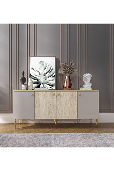 KZNMOB HOME Traverten Çok Amaçlı Modern Konsol, 4 Kapaklı 160cm Mermer Desenl...