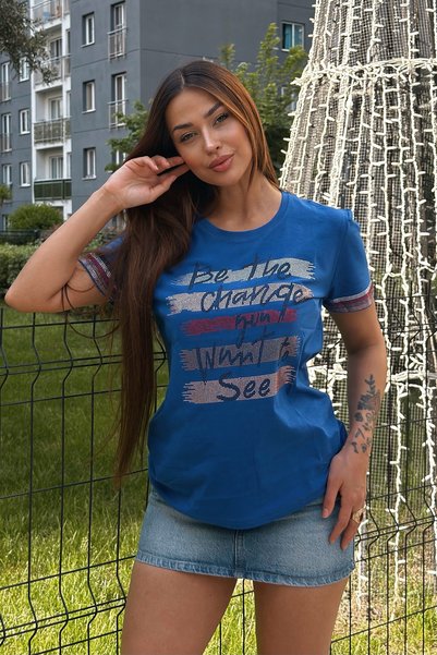 RICH GLAM Plus Size Colorful Lettered Crystal Stone Short Sleeve Crew Neck Stylish Cotton Cobalt Blue Women's T-Shirt T-Shirt