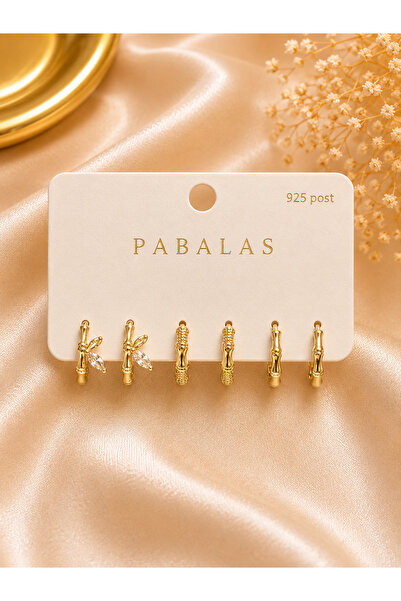 PABALAS Premium 6'lı Gold Renk Çelik Halka Küpe Seti Zirkon Taşlı Yusufçuk De...
