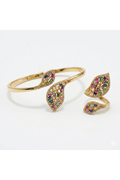 Generic Gold-Tone Multi Color Leaf Jewelry Set for Women, Open Cuff Bangle an...