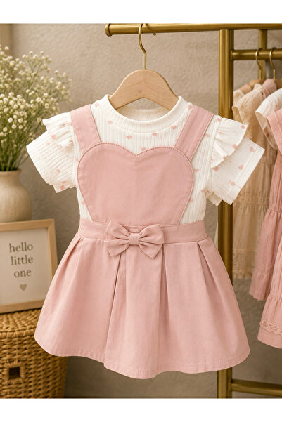 Miray baby kids Kız Çocuk Kalp Detaylı Salopet Elbise Takım – Pudra Pembe