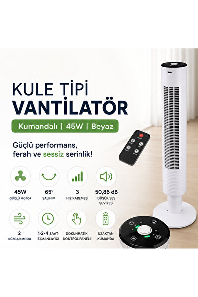 Trendinyeri Balito Kule Tipi Kumandalı 45W Vantilatör Beyaz | 3 Kademeli Sess...