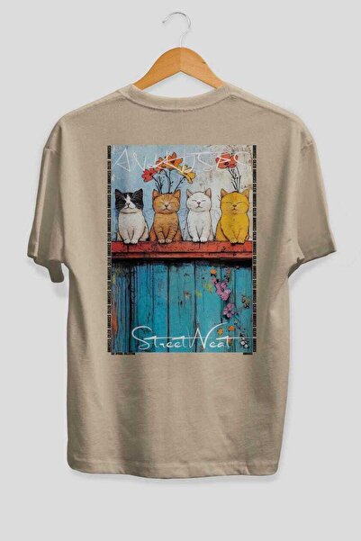 Ankhises For the Love of Cats 14 Cat Printed Beige Oversize T-Shirt 100% Cott...