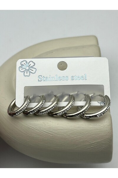 BİJU YILMAZ 26Clk59 Silver Zircon Stone Steel Earring Set