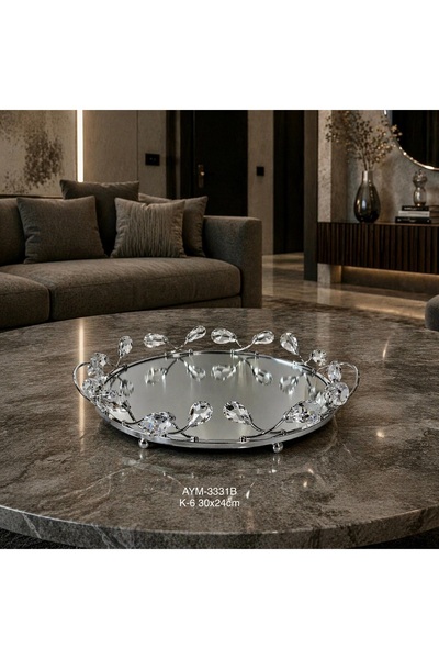 Hinora Damla Taş Model Yuvarlak Küçük Boy Aynalı Şık Tepsi 30x24cm